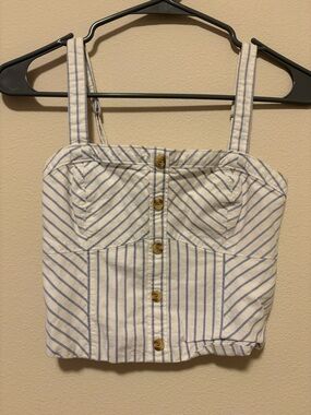 Abercrombie & Fitch White and Light Blue Striped Button-Front Crop Top